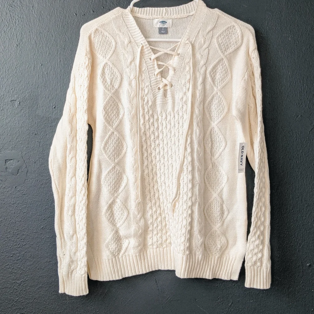 Old Navy White Cable Knit Lace Up V-neck Sweater